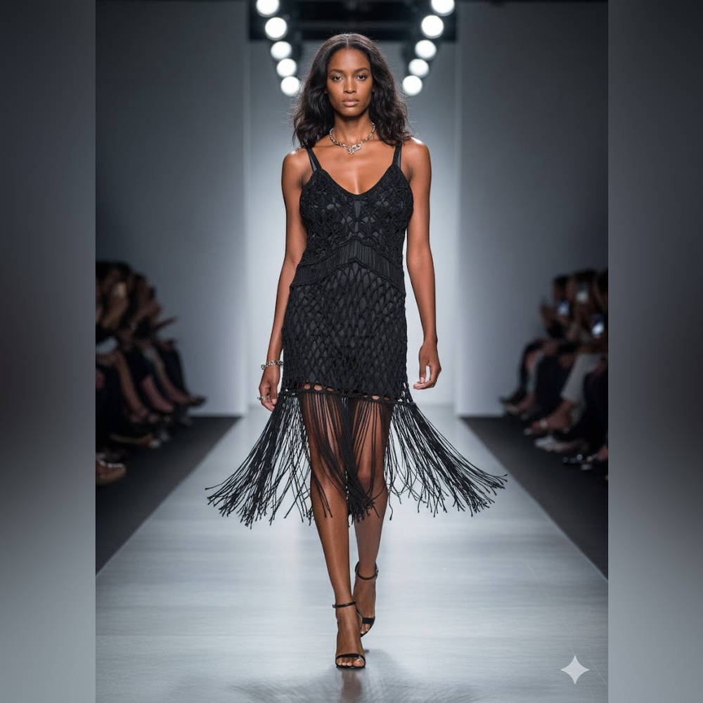 LAMARQUE valda crochet leather Elegant Black Fringe Dress XS